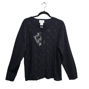 Victor Costa Button Front Floral Lace Sequin Sweater Cardigan Black Size‎ L NWT